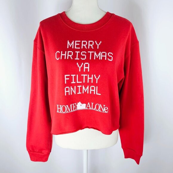 Home Alone Tops - Home Alone Women's Red Merry Christmas Long Sleeve Cropped Sweatshirt Size XL